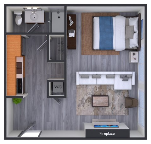 A top-down view of a small apartment layout with a fireplace.